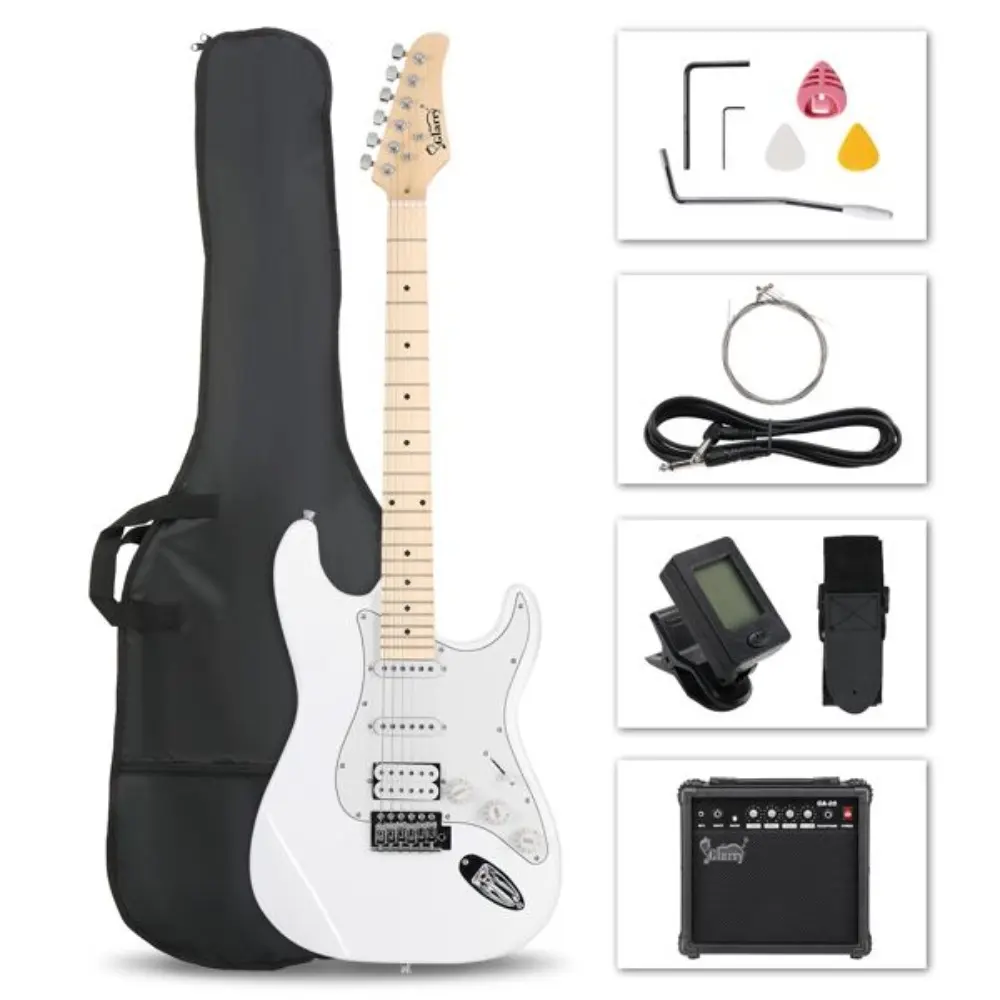 Glarry GST Right-Handed Electric Guitar Kit for Beginners - S-S-H Pickups, 20W Amplifier, Basswood Body, Adjustable Strap, Silent Practice, Gig Bag, Guitar Picks (White)