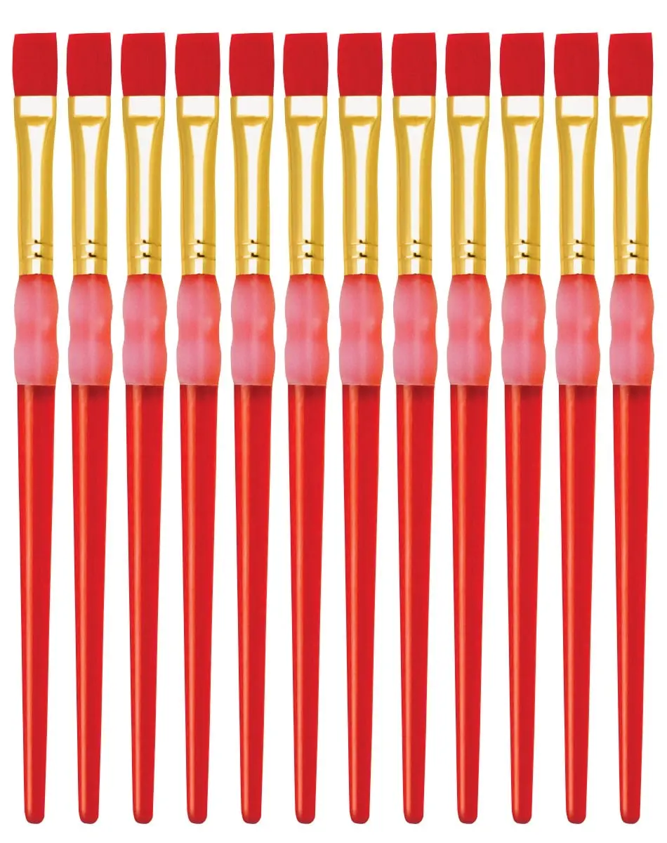 Royal Brush Manufacturing 1300674 Size 12 Flat Synthetic Hair Paint Brush for Young Artists - Soft Grip Short Acrylic Thicker Handle, Color Coded, Pack of 12