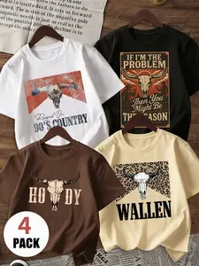 TikTok Viral 2026 Women's 4 Pack Country Music Graphic T-Shirts Set，Western Cowboy Bull Skull Howdy Wallen Print Short Sleeve Tees，Y2K Retro Cowgirl Aesthetic Streetwear，Concert, Festival, Daily Wear, Rodeo，2026 Nashville Country Style Graphic Tees