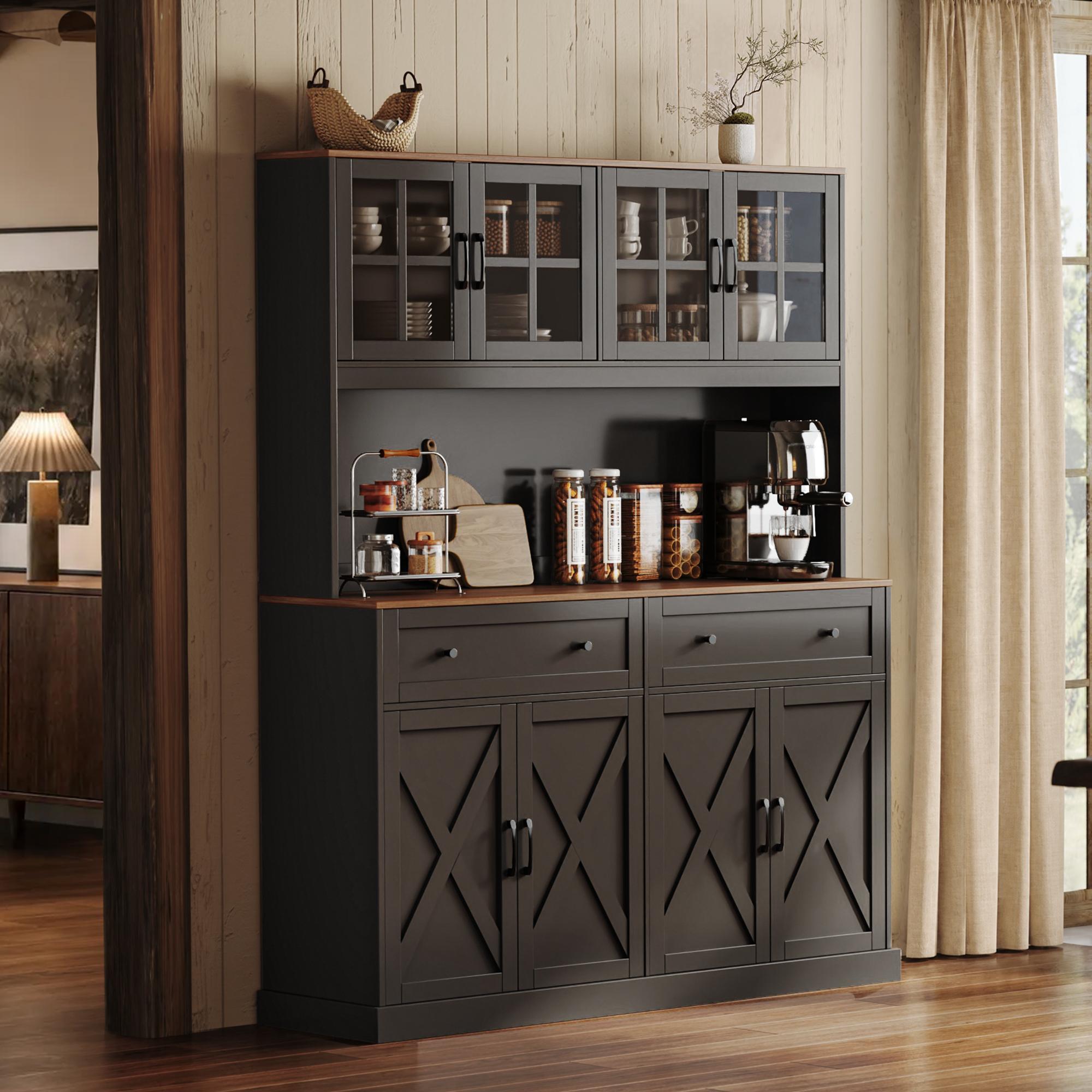 【2 Packages Shipping】PRAISUN 71''H x 55.1''W Pantry Cabinet with Charging Station, 4 Wide Cabinets Kitchen Pantry with 2 Drawers, Farmhouse Hutch Storage Cabinet, Tall Coffee Bar, Acrylic Door, Adjustable Shelves