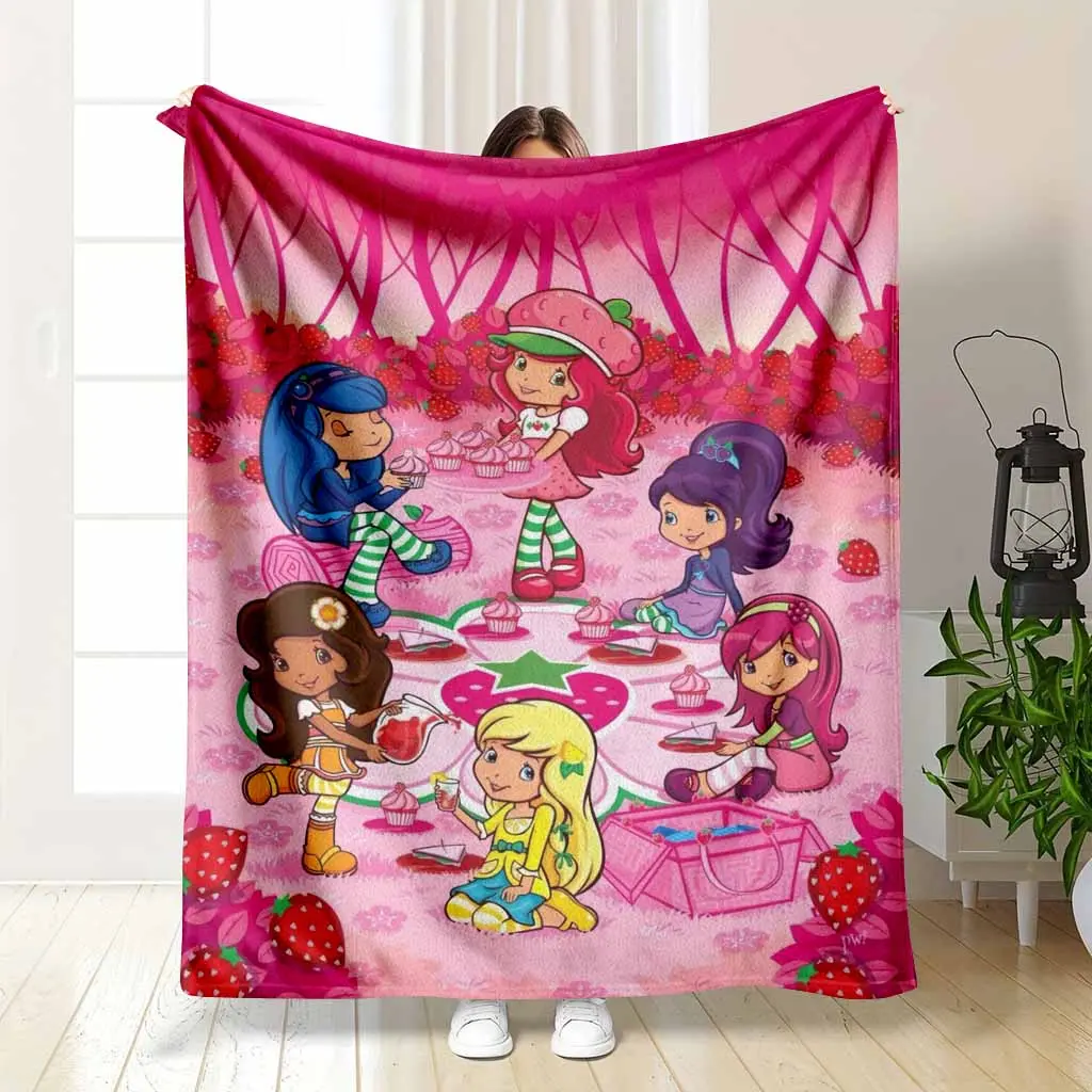 Cartoon Girls Strawberry Food Themed Plush Kid Blanket - 30x40 in Vibrant Picnic Print Flannel, Lightweight Cozy Wrinkle-Resistant, Giftable Blankets for Child, Living Room Sofa, Outdoor Camping, Food Themed Blanket, Fuzzy Soft Blanket