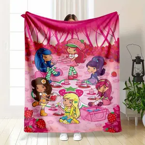Cartoon Girls Picnic Flannel Blanket Vibrant Strawberry Fruit Theme Print Super Soft Lightweight Cozy Plush Throw Perfect for Living Room Sofa Outdoor Camping Relaxation Aesthetic Bedroom Bed Decor
