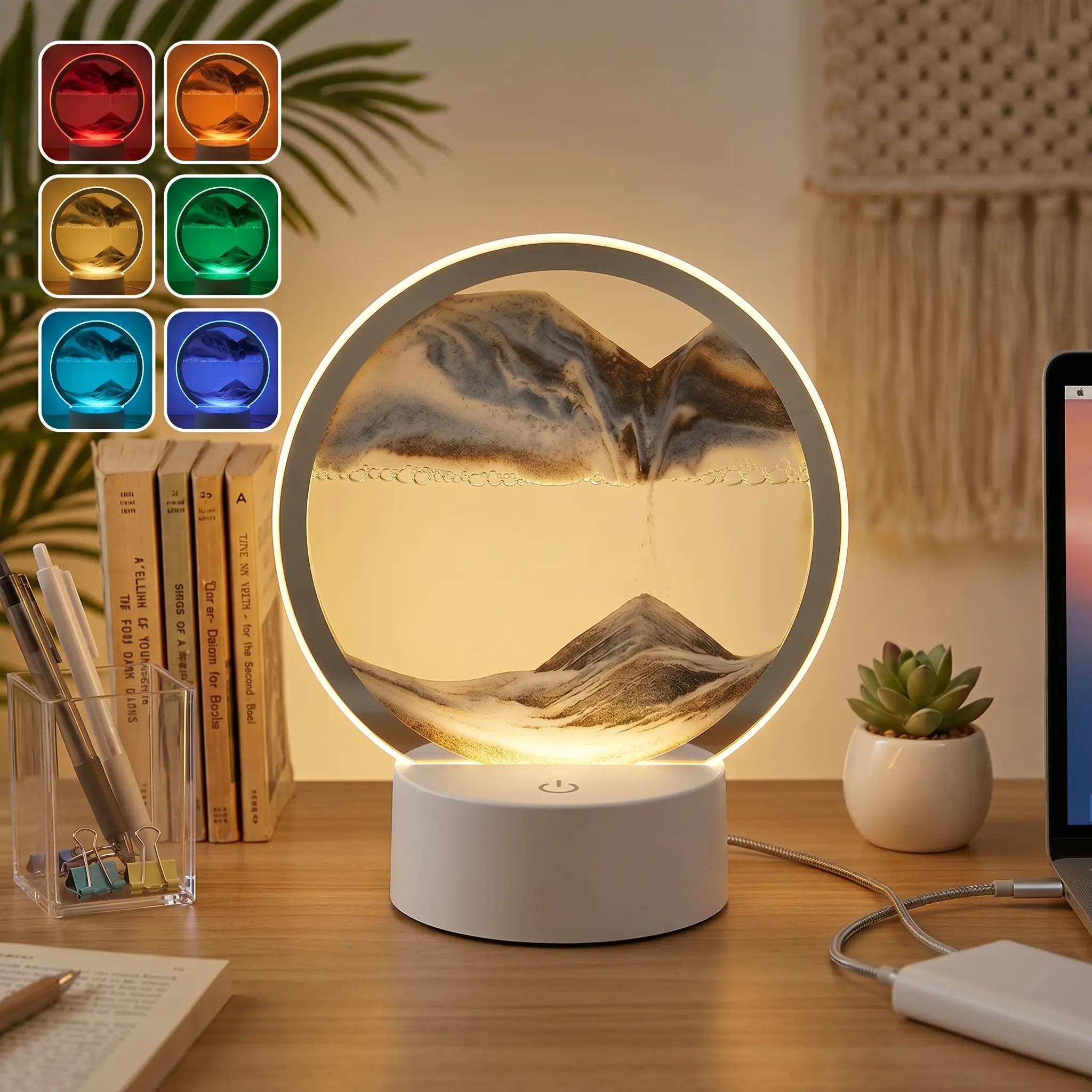 Viral Moving Sand Art Lamp - 16-Color LED Lights with Remote Control, Dynamic Flowing Sand, 3D Deep Sea Sandscape, Round Glass Frame, Small Desktop Home Decor for Stress Relief, Sensory Toy, Housewarming Gift