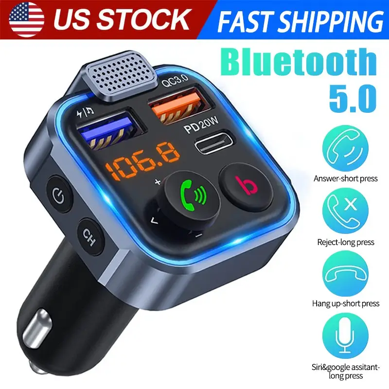 Multifunctional car FM transmitter with ambient light, BASS hands-free car MP3 player, wireless Bluetooth car charger with dual USB ports, suitable fo