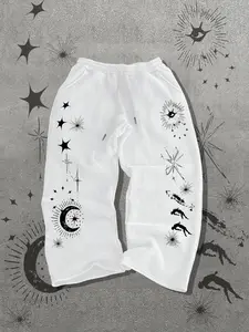 Men's Casual Loose Fit Wide Leg Sports Pants, Relaxed Graphic Sweatpants, Dark Mystery Star Moon Print, Y2K Retro High Street Style, Long Drop-Shoulder Sweatpants