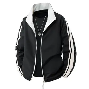 Men's Black Athletic Zip Up Jacket with White Trim Stand Collar Casual Streetwear Sportswear White Contrast Lining Medium Size