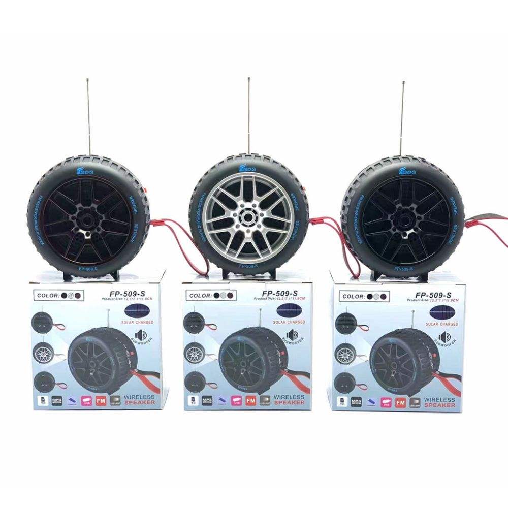 Car Wheel Design Solar-Powered Portable Wireless Speaker with USB & Micro SD Card Slots, Detachable Strap, Rechargeable Battery & Strong Sound Output for Universal Cell Phone and Wireless Devices