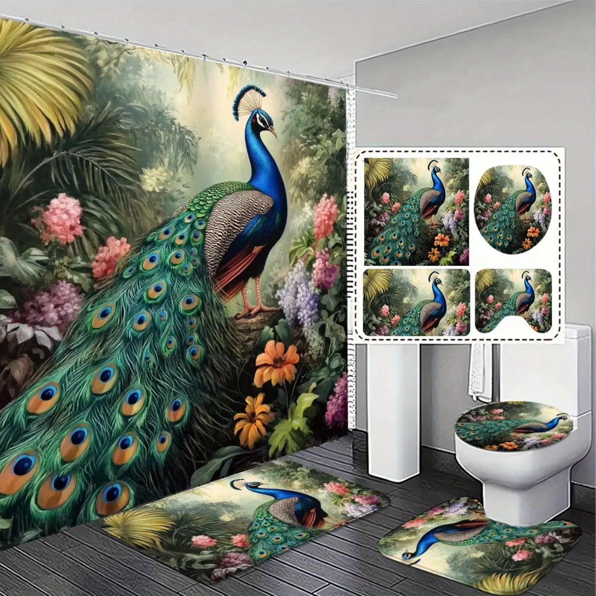 2D Flat, 4pcs Bathroom Set, PeaRooster Themed 2D FLAT Shower Curtain and Non-Slip Bathroom Mats Toilet Lid Cover - Paired with 12 C-shaped Hooks. Add Luxury and Safety to Your Bath Decor Home Decorations for Spring and Summer., 2D Flat