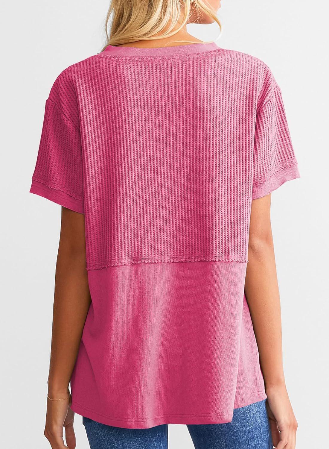 Women's Loose Fit Waffle Knit Splice V-Neck Top | Casual Trendy Short Sleeve Shirt.
