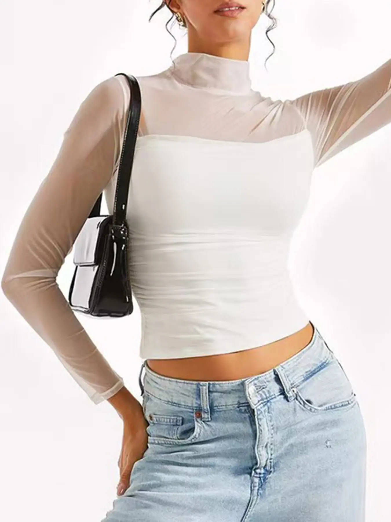 Women's Solid Color Mock Neck Mesh Patchwork T-Shirt Fit, Stylish