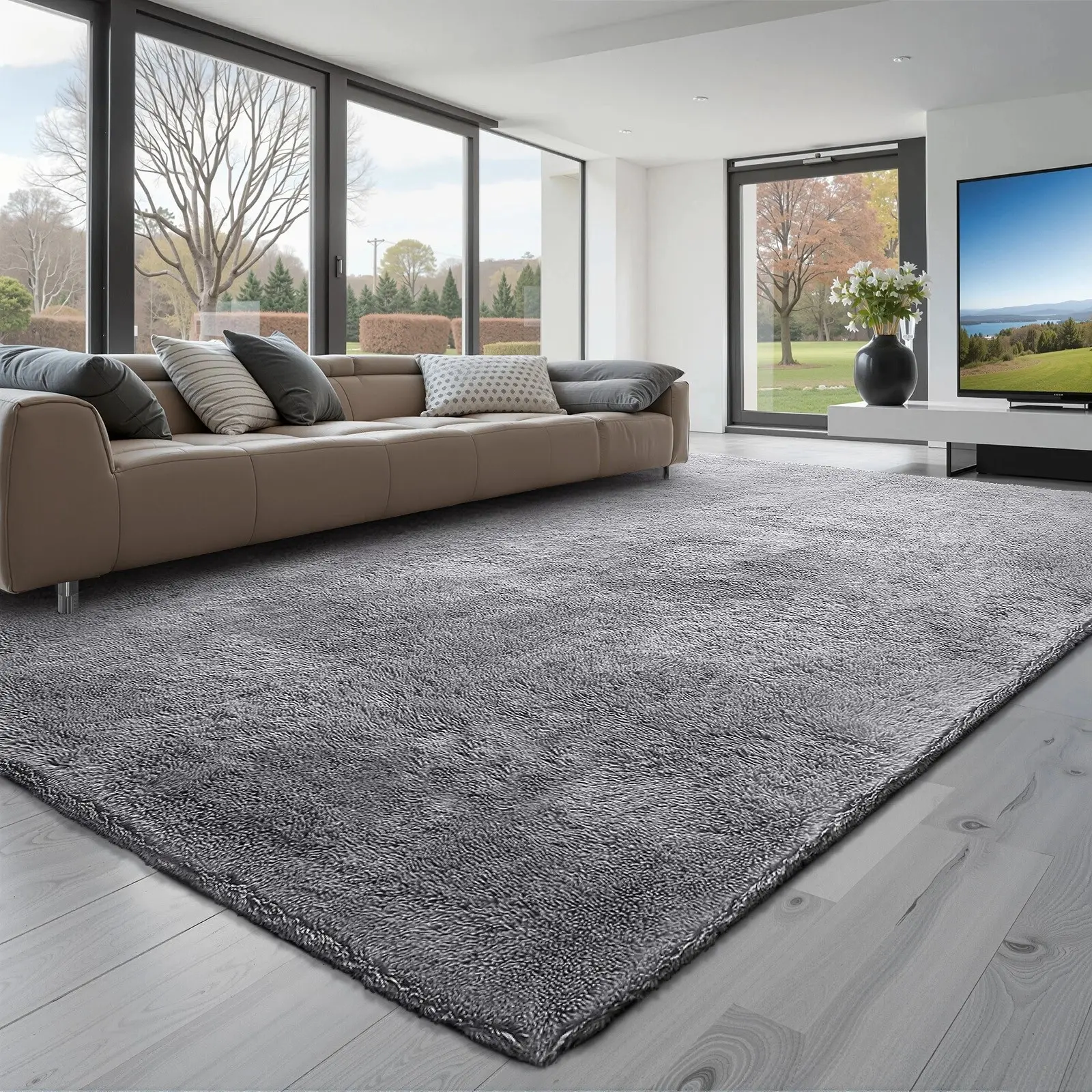8x10ft Grey Plush Large Vintage Area Rug, Large-Format Multi-Layer Simple Squishy Indoor Carpet for Living Room, Bedroom, Large-Format Area Rugs, Multi-Layer Area Rugs