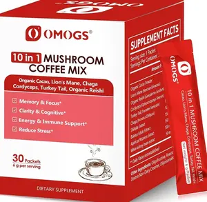 OMOGS Mushroom Coffee, 10 in 1 Extract Powder Blend Lion's Mane, Reishi, Cordyceps, Chaga, Turkey Tail, Instant Coffee-for Energy, Focus, Memory, Digestion & Immunity, 30 Serving
