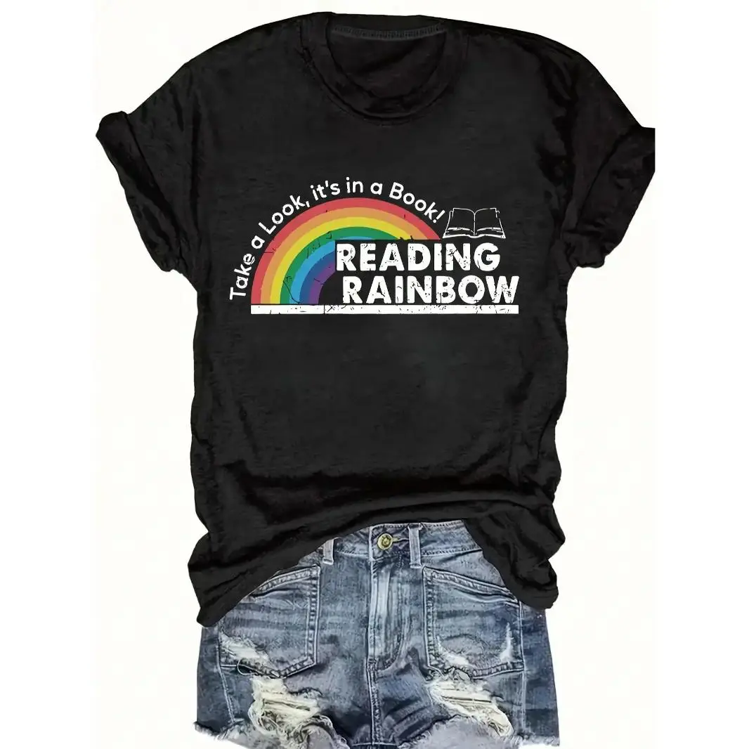 Women's Cotton Short-Sleeve Rainbow Graphic Casual T-Shirt - Soft, Breathable Summer Top for Reading Lovers (Teacher, Librarian Outfit), Shortsleeve, Casual T-Shirts