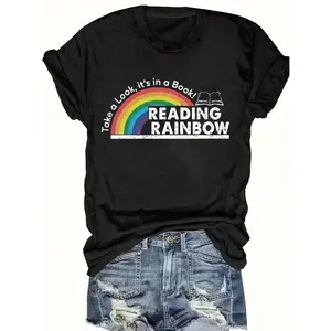 Womens Cotton Short Sleeve Rainbow Graphic Tee Reading Lover Shirt Cute Teacher Librarian Outfit Soft Breathable Casual Summer Top