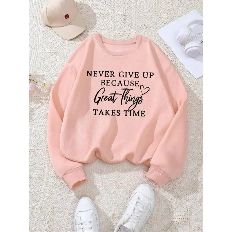 New Women's Letter Print Round Neck Longsleeve Graphic Sweatshirt Top - Women's Clothes, Casual Pullover for Fall & Winter Daily Wear, Sports & Outdoor Use, Longsleeves, Casual Wear, Pullover Top, Crew Neck, Outdoors, Letters, Black, Grey, Long Sleeve Top