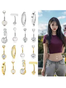 Women Belly Rings Set, Surgical Steel Navel Piercing Jewelry, Rhinestone Heart Design, Butterfly Pattern, Casual Style