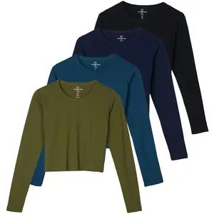 Real Essentials 4 Pack: Womens Cotton Long Sleeve Crop Top
