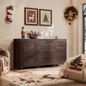 WLIVE Farmhouse Dresser for Bedroom, 63" Wide 9 Drawer Dresser Storage Organizer, Wood Chest of Drawers for Bedroom, TV Stand for 70 inch TV for Living Room, Hallway, Ball Bearing Slide