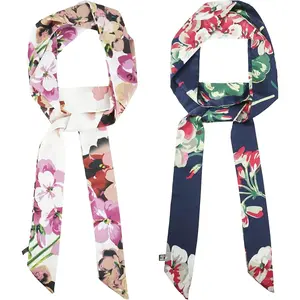 2 Pc Handbag Handle Wrap Chiffon Silk Scarf - Skinny Long Thin Ribbon Hair Band for Women Girls, 78.0 inch (Flower)