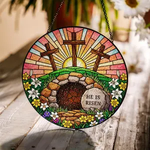 Glass Easter Suncatcher: He Is Risen Cross Window Hanging with Sunrise and Empty Tomb