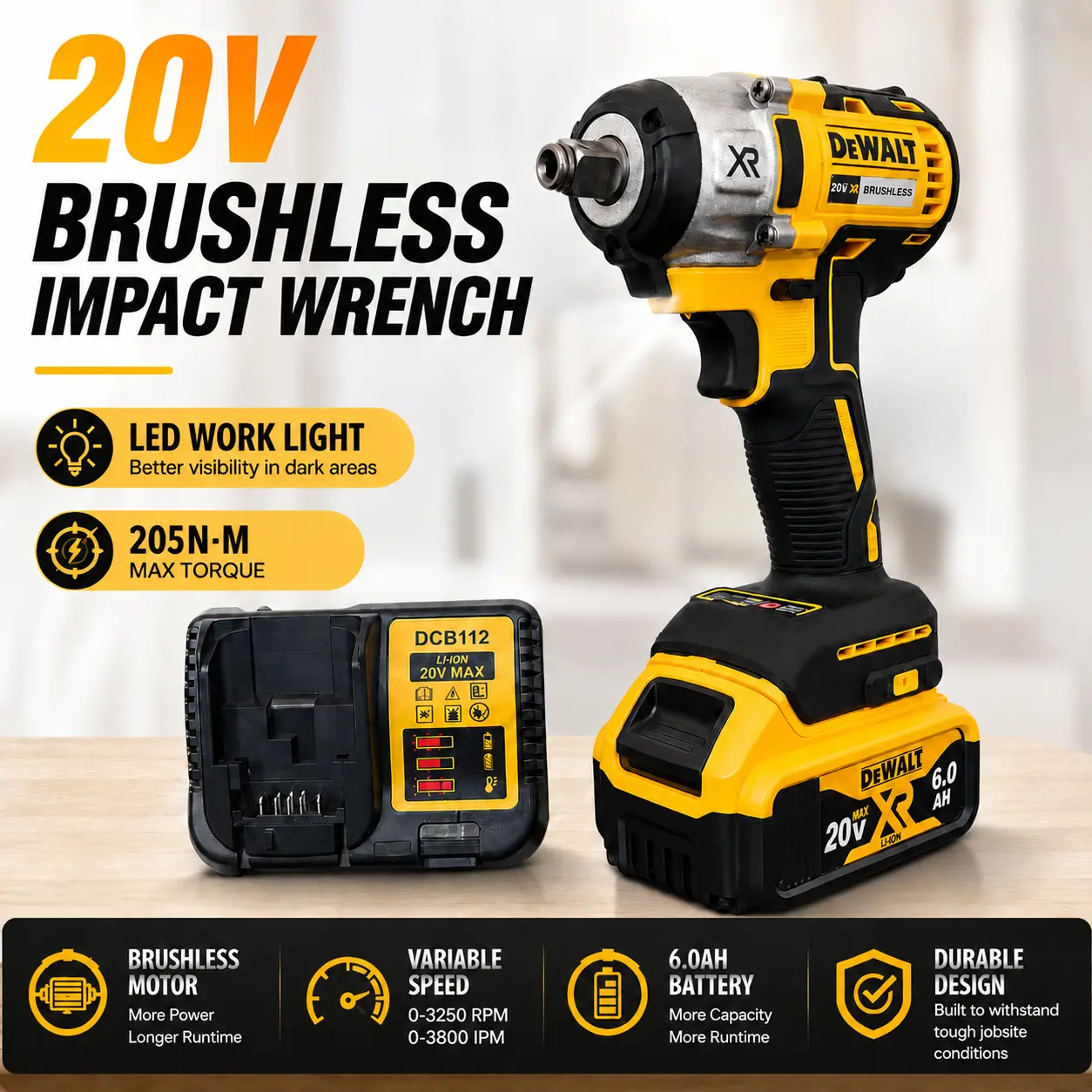 Dewalt DCF880 Brushless Cordless Impact Wrench - 205Nm Torque, Multifunctional, Portable Electric Power Tool for Hand Tools & Hardware Tasks
