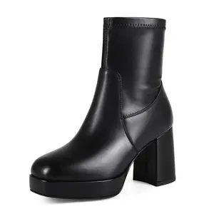 Square Toe Boots for Women Stretch Booties Ankle Boots Platform Chunky Boots Ladies