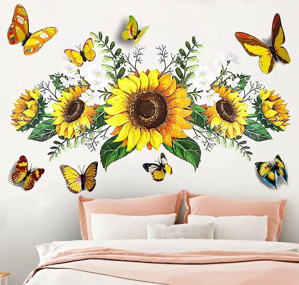 Sunflower Wall Stickers with 3D Butterfly Wall Sticker, Yellow  Wall Decal,  and Removable, Sunflower Wall Stickers for Bedroom Living Room Bathroom Decor