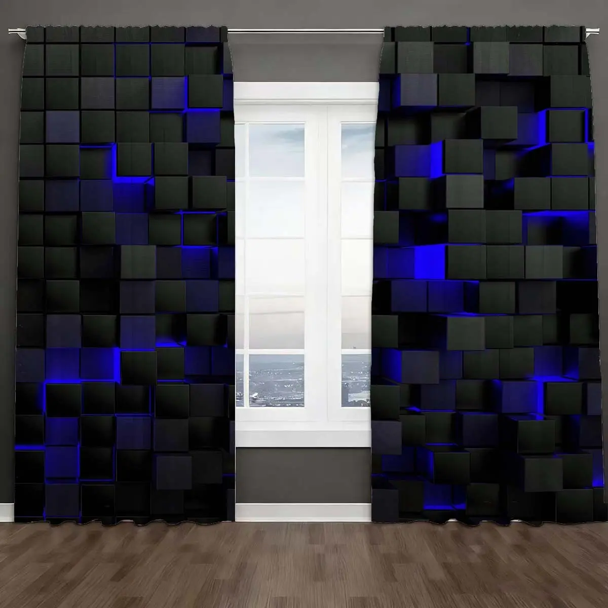 2pcs Creative Cool Blue Geometric Lattice Print Curtains, Light Blocking Drapes, Polyester Fiber, Kitchen Bedroom Office Living Room Decor