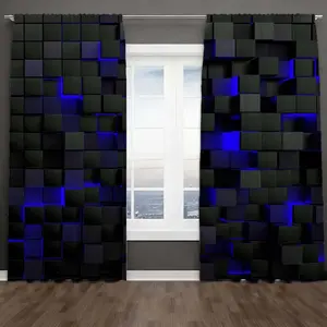 2pcs Creative Cool Blue Geometric Lattice Print Curtains, Light Blocking Drapes, Polyester Fiber, Kitchen Bedroom Office Living Room Decor