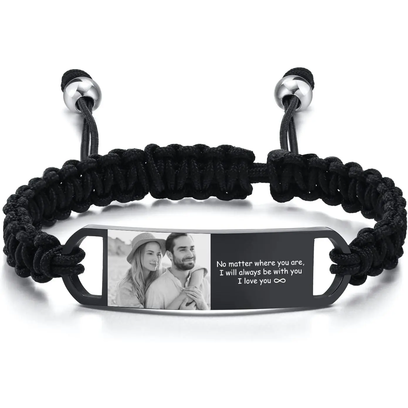 Custom Photo Bracelet for Men, Personalized Gifts for Him, Customized Picture, Name Text Engraved Stainless Steel ID Braided Bracelet Wristband Jewelry