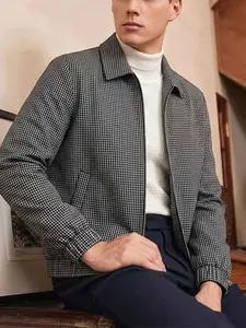 Men’s All-Over Mini Grid Check Lapel Collar Zip-Up Bomber Jacket - Lightweight, Wrinkle-Resistant, Windproof Plaid Casual Outerwear with Elastic Cuffs, Loose Fit for Daily Commute & Spring Fall Urban Streetwear