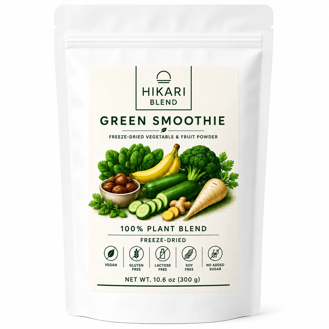 Hikari Blend Green Smoothie Powder, 100% Freeze-Dried Vegetable & Fruit Blend, 300g – Spinach, Kale, Broccoli, Avocado, Banana & Kiwi – No Added Sugar – Vegan – Gluten Free