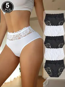 5-Pack Seamless Triangle Underwear Panties with Contrast Lace, Elegant Floral Design, High Cut and Slim-Fitting Style for All Seasons, Womenswear, High Waisted Panty