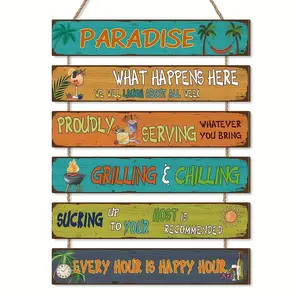 2D Flat Tropical Beach Wooden Wall Art - Artificial Wood Decor Set with Vibrant Coastal Phrases & Palm Tree Graphics - Durable Indoor/Outdoor Signage for Pool Parties, Camping, & Vacation Homes - Rustic Summer Decor  Easy Hanging