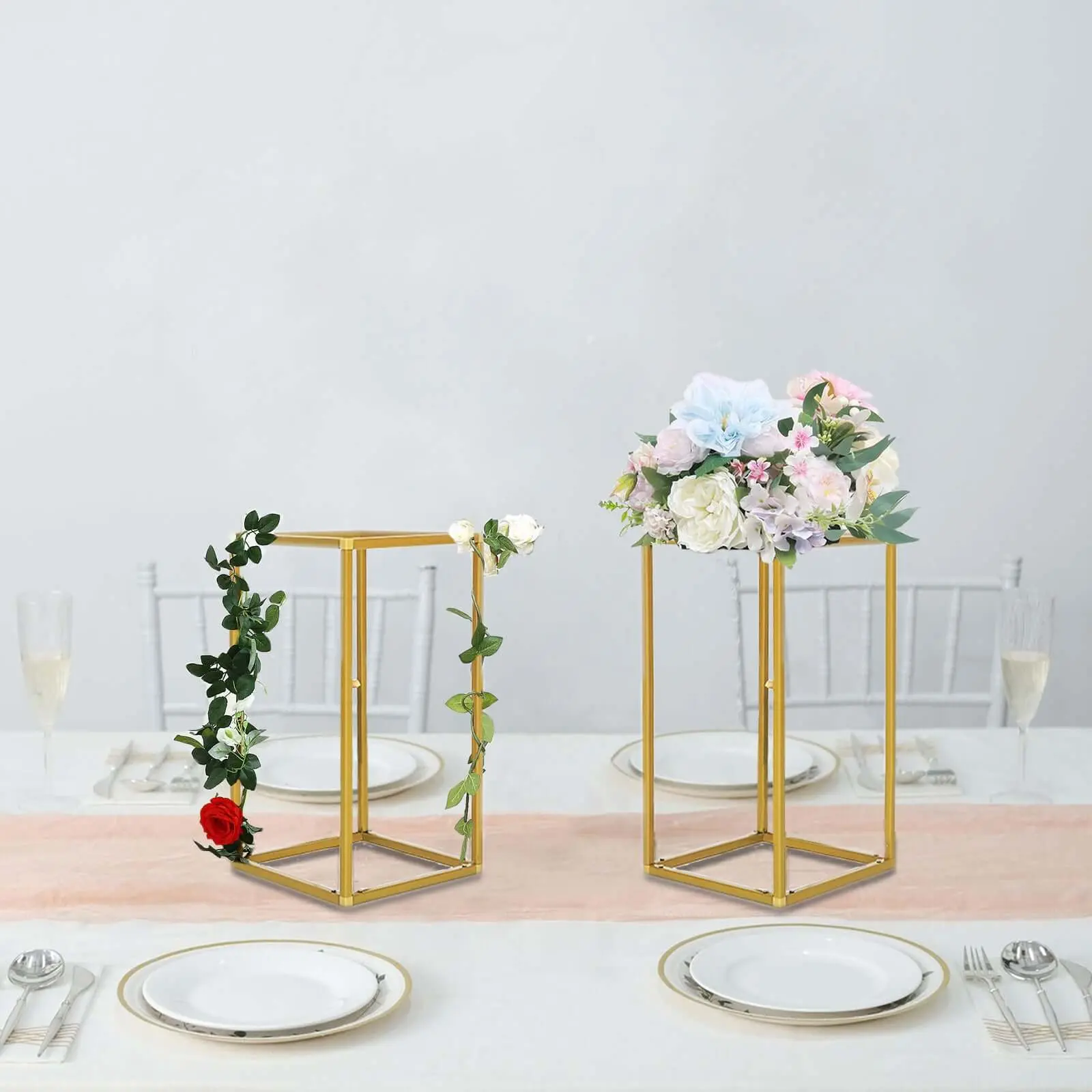 12in Gold Metal Geometric Column Flower Stand (2-Pack) - 3/8in Durable Rectangular Floral Pedestal, Wedding Centerpieces, Dining Table Centerpiece, Home Decor Ornament, 44 lbs Max Capacity