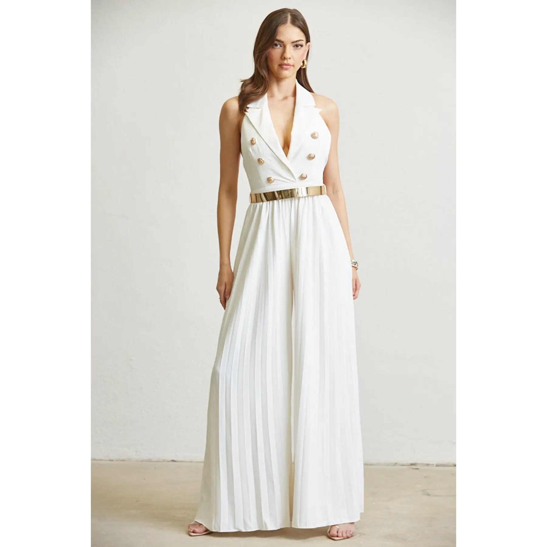 JUMPSUIT  - SOLID, WOVEN FABRIC TOP BODICE - PLEATED CHIFFON WIDE-LEG PANTS Collar Comfort