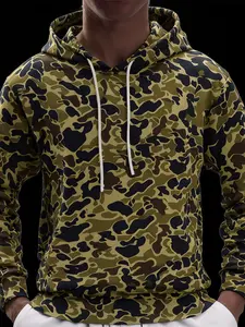 Men's Camo Print Pullover Sweatshirt, Tactical Style Streetwear Hooded Sportswear, Kangaroo Pocket Casual Top