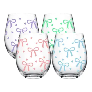Bow&Heart Pattern Stemless Wine Glasses Set, 1/4-Pack, 18oz/540ML Transparent Wine Cups, Ideal for Restaurants & Daily Use