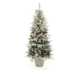 LuxenHome 5Ft Pre-Lit Flocked Slim Fir Potted Artificial Tree
