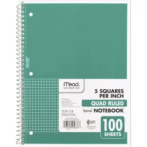 Spiral Notebook, 1 Subject, Graph Ruled Paper, 7-1/2" x 10-1/2", 100 Sheets, Green (05676AC5)