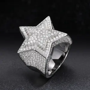 【R46 live2】 S925 Five Star Synthetic Moissanite Men Rings 925 Sterling Silver Ring UCCIYOD VVS Round Synthetic Moissanite  Hip Hop Jewelry