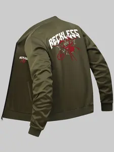 Men's Regular Fit Letter & Spider Print Zip Up Jacket, Casual Comfy Long Sleeve Pocket Outerwear for Daily Wear, Men's Clothes for All Seasons