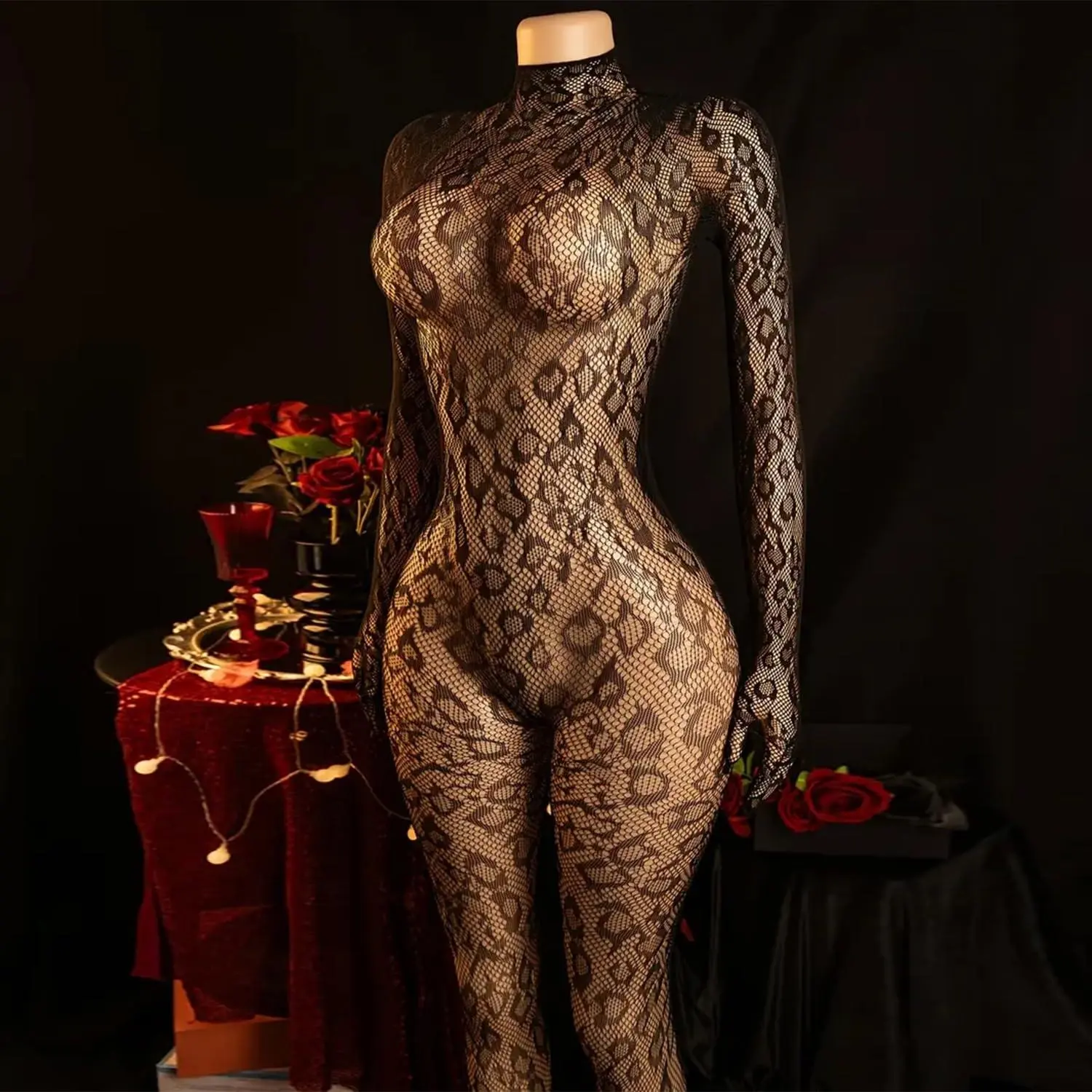 Leopard Fishnet Bodystocking Women Long Sleeve Mesh Bodysuit Hollow Out Full Body Lingerie Stretchy Costume Outfit Fabric Lightweight