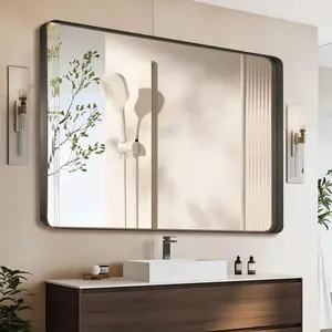 Black 40x30 Inch Metal Framed Mirror for Wall, Large Rounded Rectangle Mirror, Anti-Rust, Tempered Glass, Hangs Horizontally or Vertically