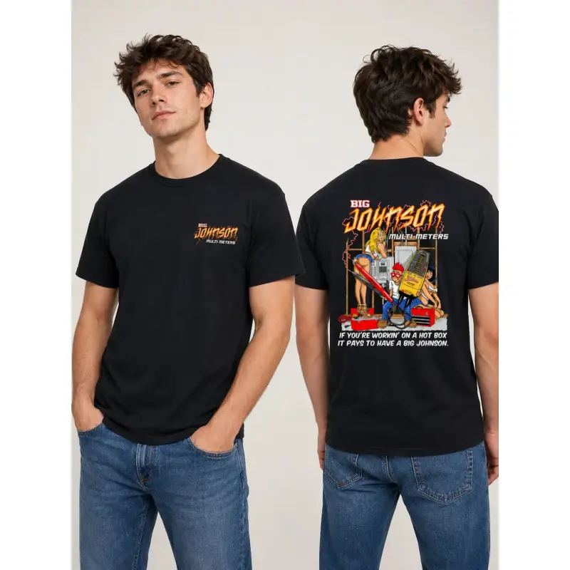 Women's Big Johnson 'Multimeters' Short Sleeve Cotton Fabric Casual Crewneck T-Shirt - Funny Graphic Tee with Cartoon Artwork, Bold Slogan, Humor Style for Electricians, 2 Sides Tops, Shortsleeve, Print
