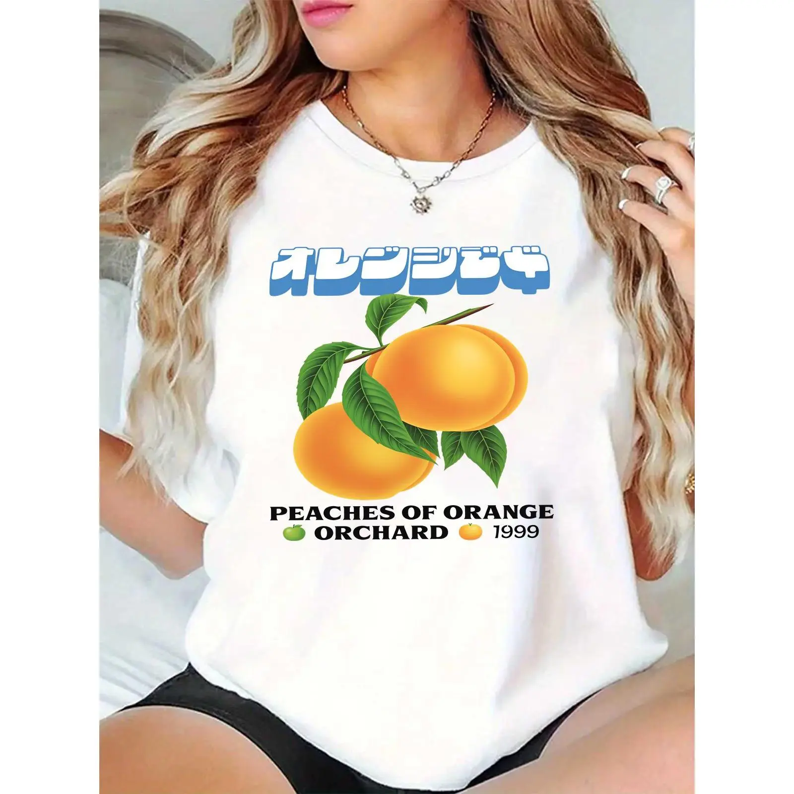 Women's 100% Cotton Round Neck White Tshirt - Lightweight, Breathable, Comfortable, Japanese Text, Fresh Peaches Graphic, "Peaches of Orange Orchard 1999" Print - Casual Summer Womenswear for Daily, Outdoor Use, Everyday Fits, Fit, Fashion Basics, Outdoor