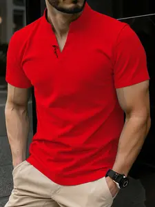 Men's Short Sleeve T-Shirt, V-Neck Letter Embroidery, Casual Fitted H-Type, Chevron Pattern, Daily Wear and Outdoor Sports