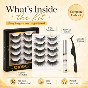 SJ LASHES 5 Pairs 3D Faux Mink False Eyelashes Kit – Wispy, Natural, Fluffy Lashes with Glue & Tweezers, Reusable Soft Lightweight Lashes, 5 Lash Styles for Every Look