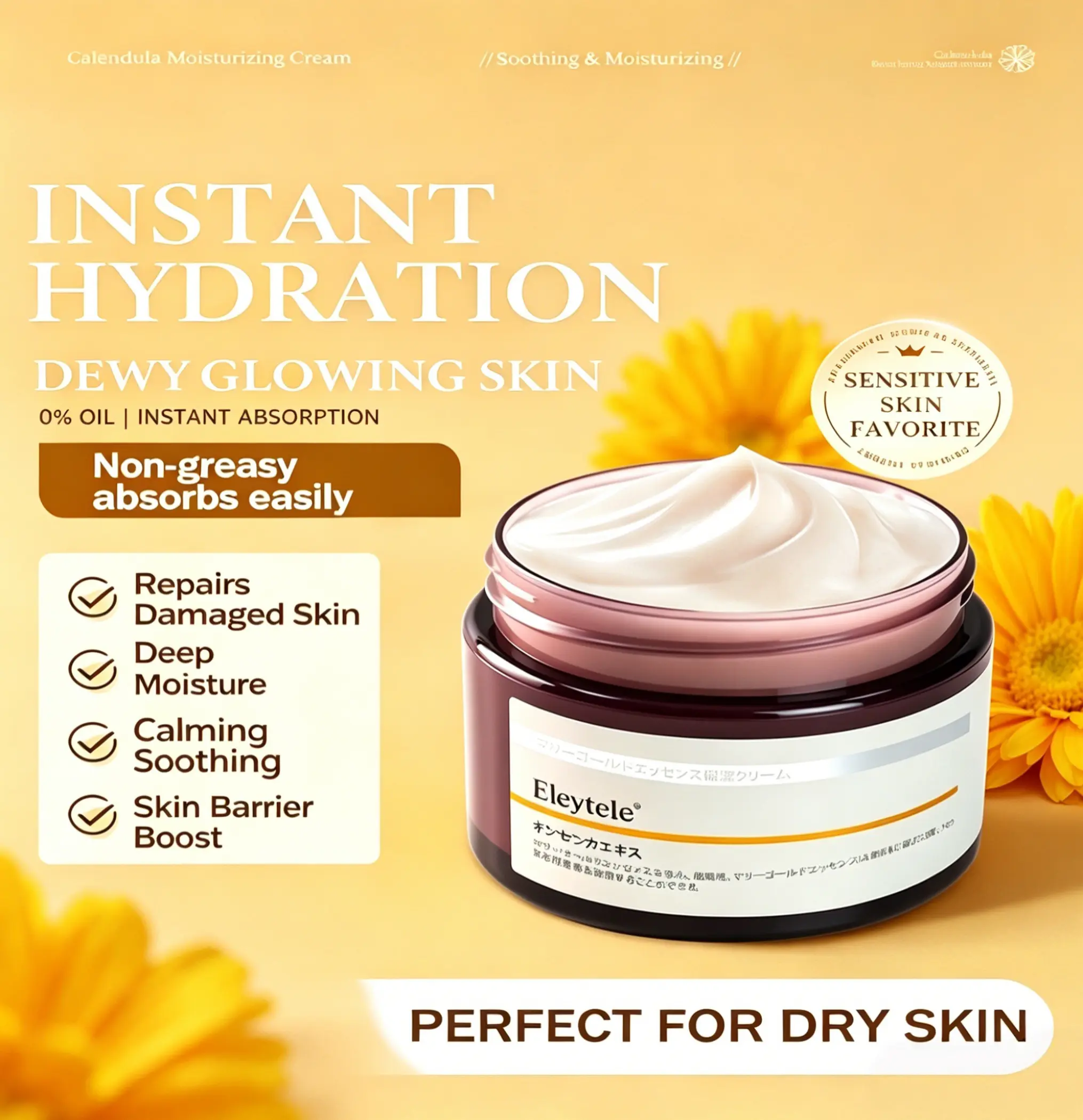 Eleytele Calendula Hydrating Moisturizer Cream Deeply Nourishes & Repairs Dry Skin, Soothes Redness After Sun Exposure, Strengthens Damaged Skin Barrier, Long-Lasting Hydration For Sensitive & Irritated Skin Daily Skincare Essential