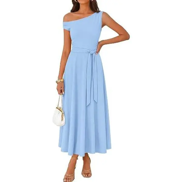 ZESICA Womens Summer Casual One Shoulder Maxi Dress 2026 Sleeveless Tie Waist Flowy Vacation Dresses with Pockets